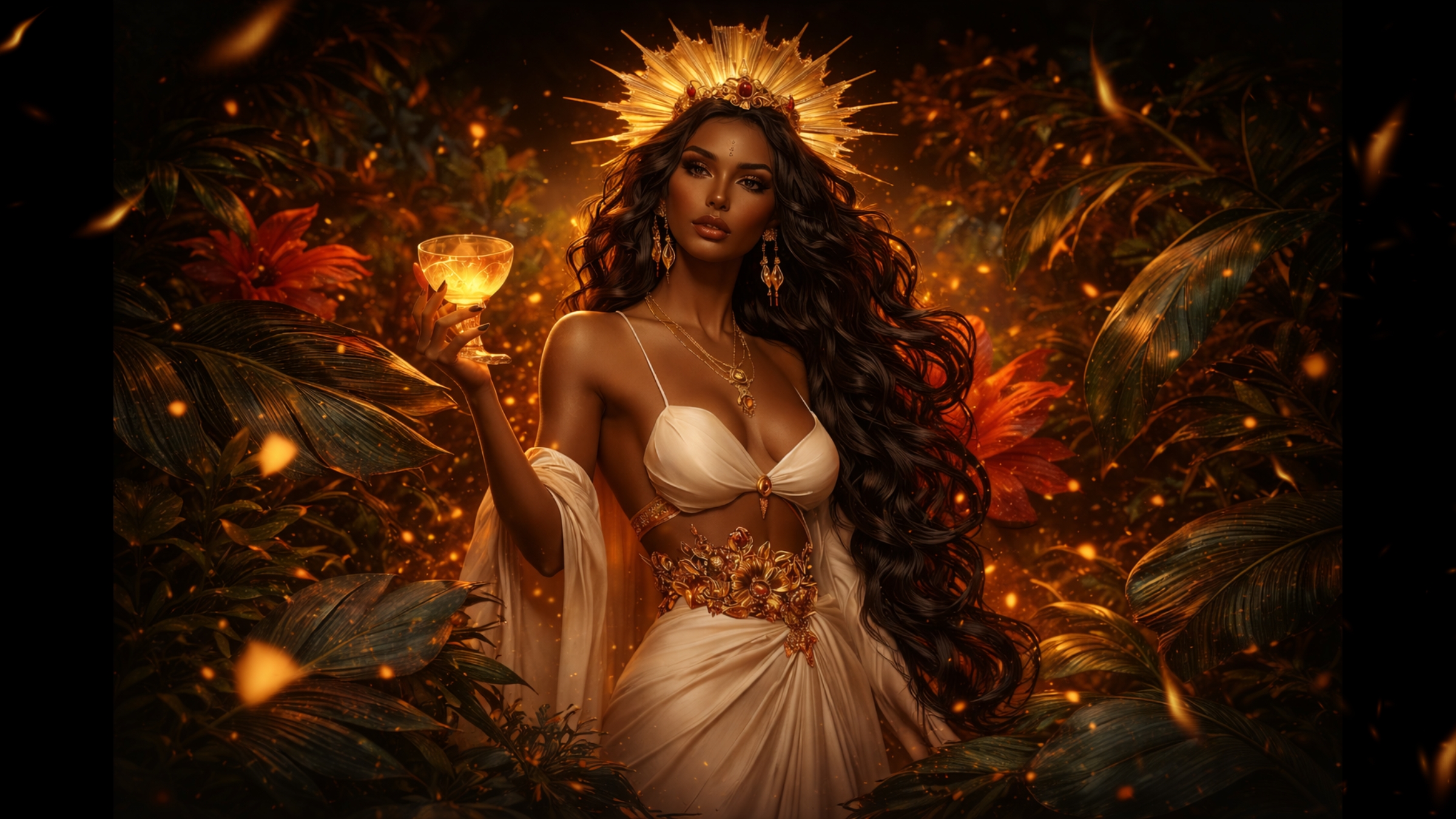 Daya, goddess of courage and renewal symbolizing Pantheon Kava, an alcohol-free kava elixir.